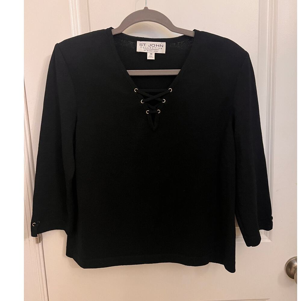Vtg Y2K St. John Collection Women's Black V-Neck 3/4 Sleeve Sz10 Sweater Top USA
